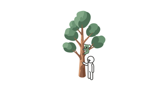 Illustrated person hugging large green tree affectionately.