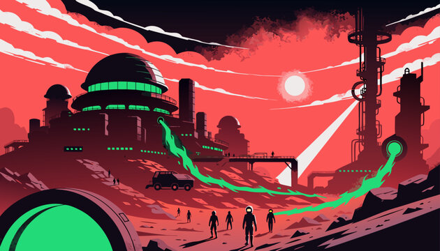 Very beautiful futuristic Mars habitat with glowing domes, advanced eco technology, and astronauts walking beneath dusty red skies in cinematic sci-fi vector illustration style.