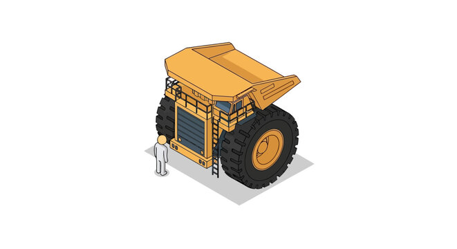 Large yellow mining dump truck with massive tires displayed.
