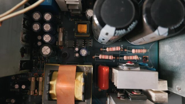 Close-up top-down view of a printed circuit board displaying large capacitors, resistors, and a transformer. Represents complex electronics engineering and hardware manufacturing.