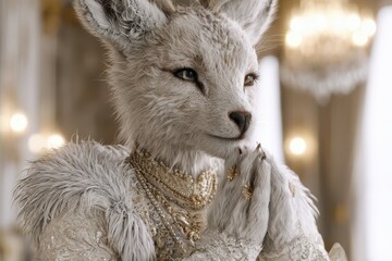 Obraz premium Elegant anthropomorphic white fox adorned with luxurious jewelry and ornate clothing, poised in a grand interior setting.