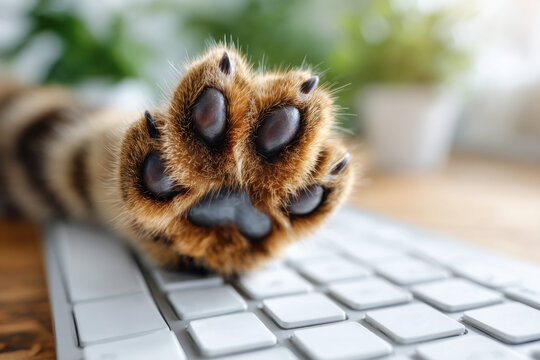 Curious cat paw explores keyboard keys in the cozy light of a sunlit room. Take Your Cat to Work Day