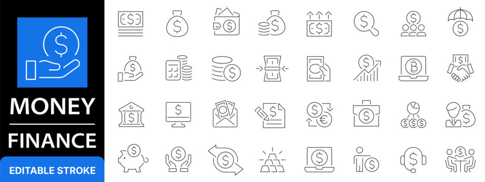 Money and finance line icon set. Business banking, investment, financial management and cash savings outline symbols. Editable stroke.