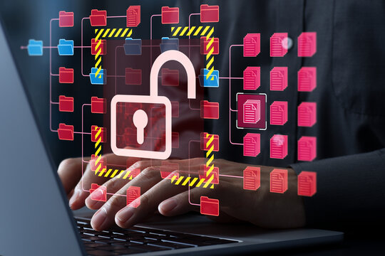 Data leak and information breach. Unauthorized access leading to disclosure of sensitive and confidential information. Hacker exploit security vulnerabilities using laptop computer.