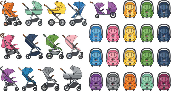 Colorful collection of baby strollers and carriers