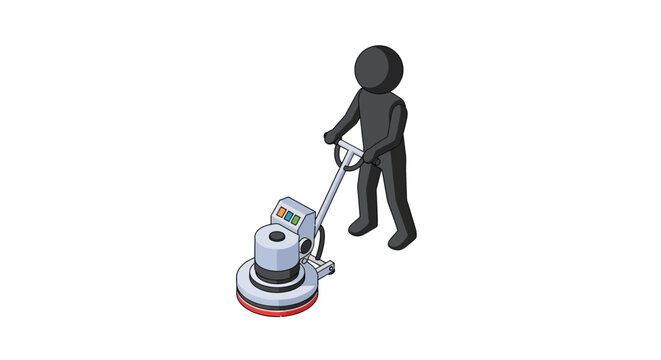 Silhouette figure operating industrial floor buffer machine.