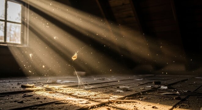 Dust motes dancing in old wooden attic shafts of sunlight illuminating floorboards