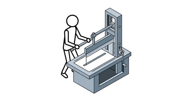 Worker operating industrial paper cutting machine indoors.