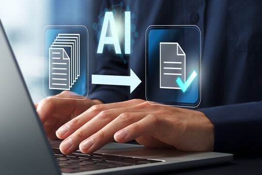 AI document summarization and text processing. Automated content processing and information extraction. Businessman using AI tools on laptop computer.