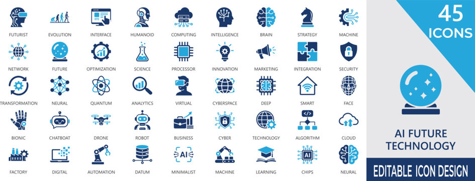 AI Future technology solid icon set featuring artificial intelligence, computing, intelligence, brain, learning, tech, security, transformation, smart , and analytics.