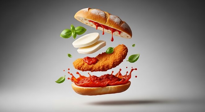 Floating chicken parmesan sub with crispy breaded chicken, melted mozzarella cheese, fresh basil, and tomato sauce ingredients isolated on grey background