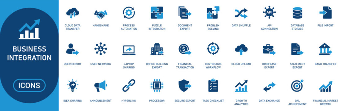 Business integration set with growth chart handshake cloud and data transfer business integration cloud data transfer