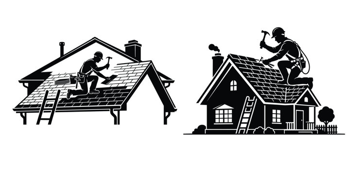 Roofer working on house roofs black and white vector illustration