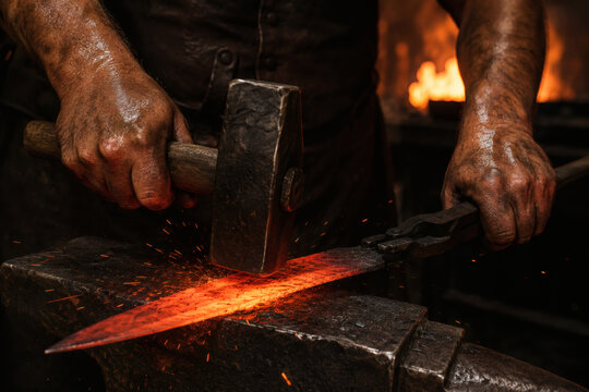 Close Up Of Professional Blacksmith Forging Glowing Red Hot Steel Blade On Anvil In Workshop