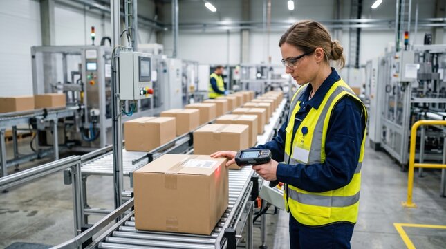Packaging line verification scene with handheld scanner, conveyor and unbranded packages moving through industrial traceability workflow.