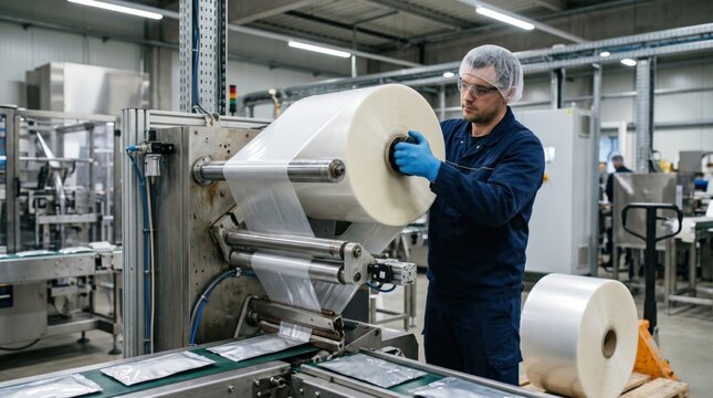 Packaging manufacturing scene showing film roll setup, machine adjustment and technician preparing flexible material for production line.