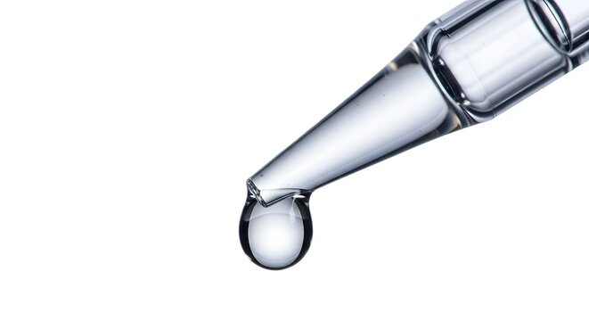 Tilted glass dropper dispensing a clear liquid drop