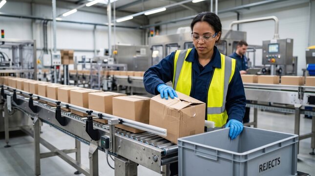 Technician removes defective carton from conveyor during packaging manufacturing inspection and end-of-line quality control process.
