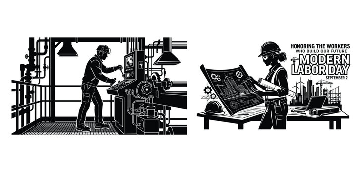 Industrial workers and architectural design vector illustration for labor day