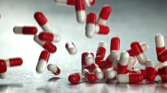 Red white capsules shower onto tabletop bright studio light high Filmed on a high-speed camera at 1000 fps.