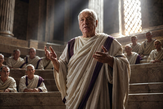 Dramatic Portrait of a Senior Roman Senator Delivering a Speech in the Ancient Senate