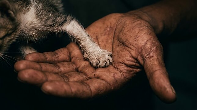 Weathered human hand gently holding a tiny kitten paw