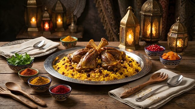 Traditional Eid al-Adha feast featuring roasted lamb shanks on a bed of yellow spiced rice with raisins and nuts, served on a silver platter with lanterns and spices on a wooden table.