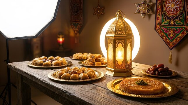 Traditional Middle Eastern Desserts for Eid al-Adha Including Baklava and Kunafa on a Rustic Wooden Table with a Glowing Gold Lantern and Visible Studio Photography Lighting.