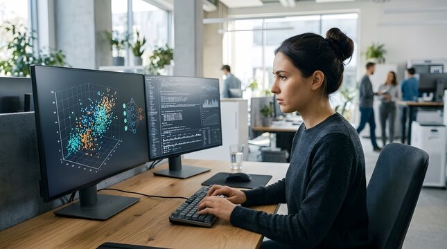 Female data scientist working on AI development in a modern office, dual monitors displaying 3D data visualization and code, neural network architecture and machine learning.
