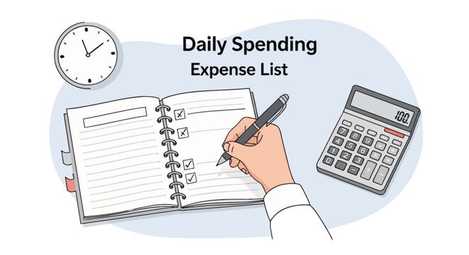 Hand writing in a spiral notebook titled Daily Spending Expense List next to a digital calculator and analog clock, representing financial planning and bookkeeping processes.