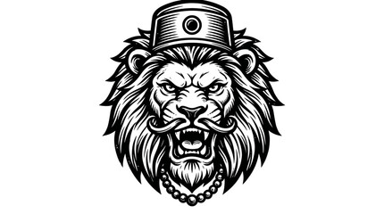 Striking black and white roaring lion with detailed mane and accessories © gabriell
