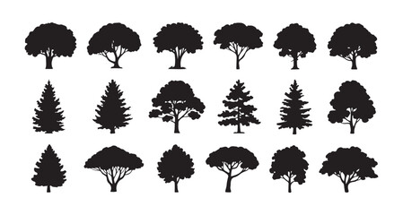 Set of black tree silhouettes with various shapes of foliage and trunks isolated on white background for as. © Labib