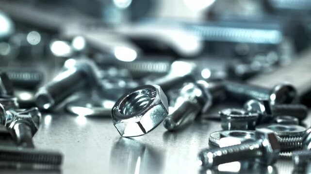 Macro hex nut resting among scattered bolts and screws, polished Filmed on a high-speed camera at 1000 fps.