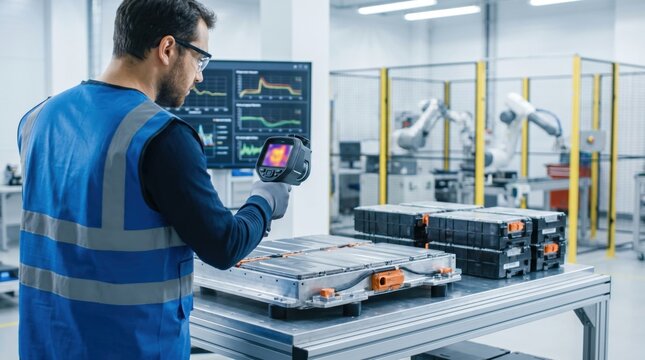 Engineer performs thermal inspection of battery pack during safety control process, checking energy storage system before industrial validation.