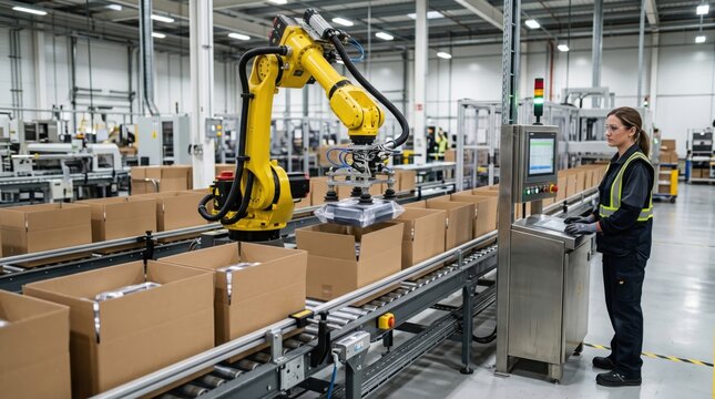 Automated cardboard packaging line with robotic arm placing products into boxes during modern industrial packing and logistics process.