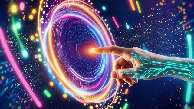 Human hand interacting with digital vortex portal technology interface 4K video futuristic data light cyber