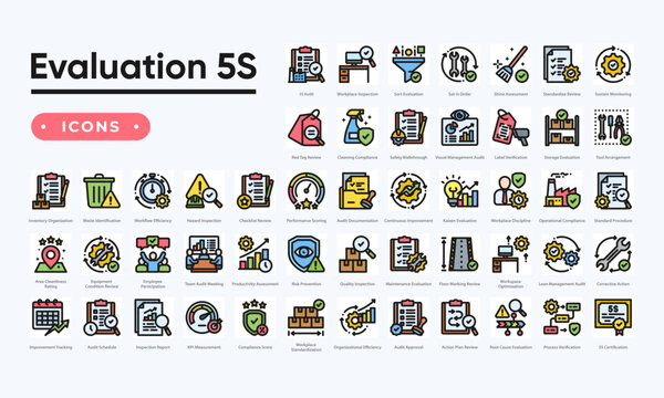 Evaluation 5S Methodology Icon Set, Lean Management and Workplace Organization. Simple lineal color vector.