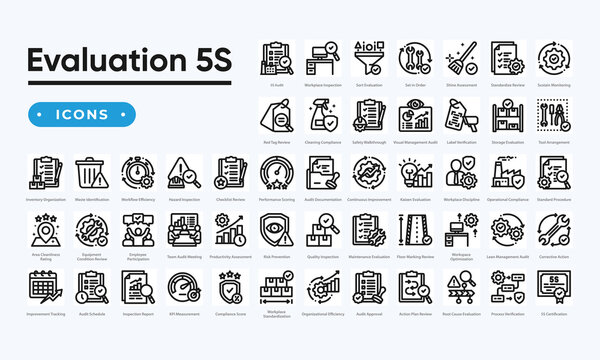 Evaluation 5S Methodology Icon Set, Lean Management and Workplace Organization. Simple line vector.