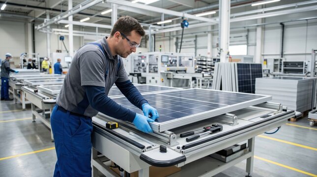 Technician installs aluminum frame on solar module during photovoltaic panel assembly and renewable energy manufacturing workflow.