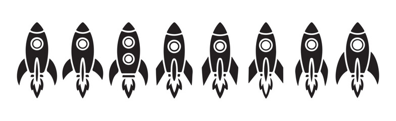 Eight different rocket ship icons with exhaust flames isolated on white background vector icons. © Labib