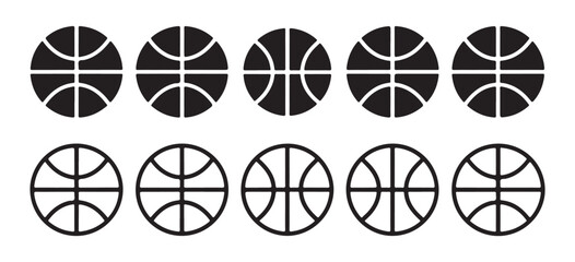 Basketball icons set with various ball patterns and line styles for sports graphic design and web layout. © Labib