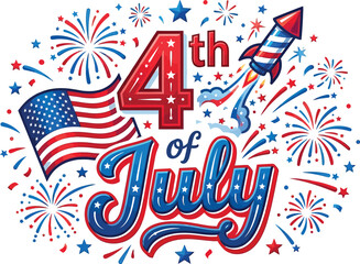 Obraz premium Festive fourth of july illustration with american flag fireworks and rocket ship for patriotic celebrations