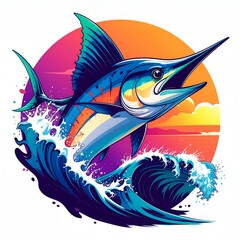 Fototapeta premium Vibrant marlin fish burst illustration with bold tropical colors and dynamic splash effects, perfect for t-shirt prints, streetwear, posters, and fishing apparel.