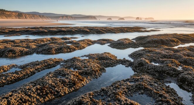 Rocky coastal shoreline with tide pools reflecting the serene sunset sky