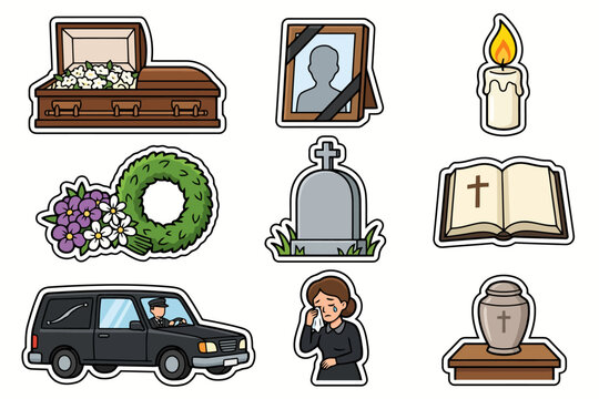 Somber funeral icons featuring coffin, candle, and mourning woman.