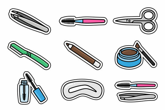Cosmetic tools collection: tweezers, scissors, mascara, eyeliner, brush, razors.
