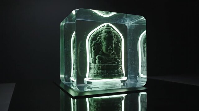 Buddha figure glows with green light inside a clear glass cube placed on a reflective black surface against a dark background.