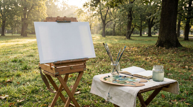 Blank canvas on easel in sunny park
