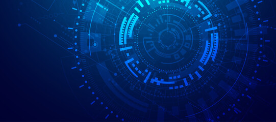 Fototapeta premium Futuristic digital technology background with blue glowing circular interface and complex data elements.