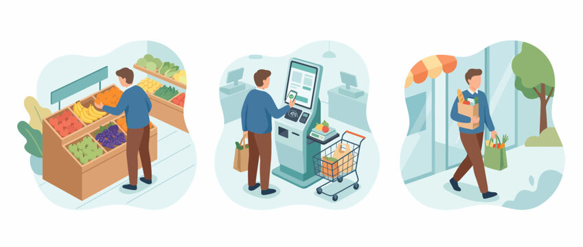 Modern Grocery Shopping Experience with Self Checkout and Payment